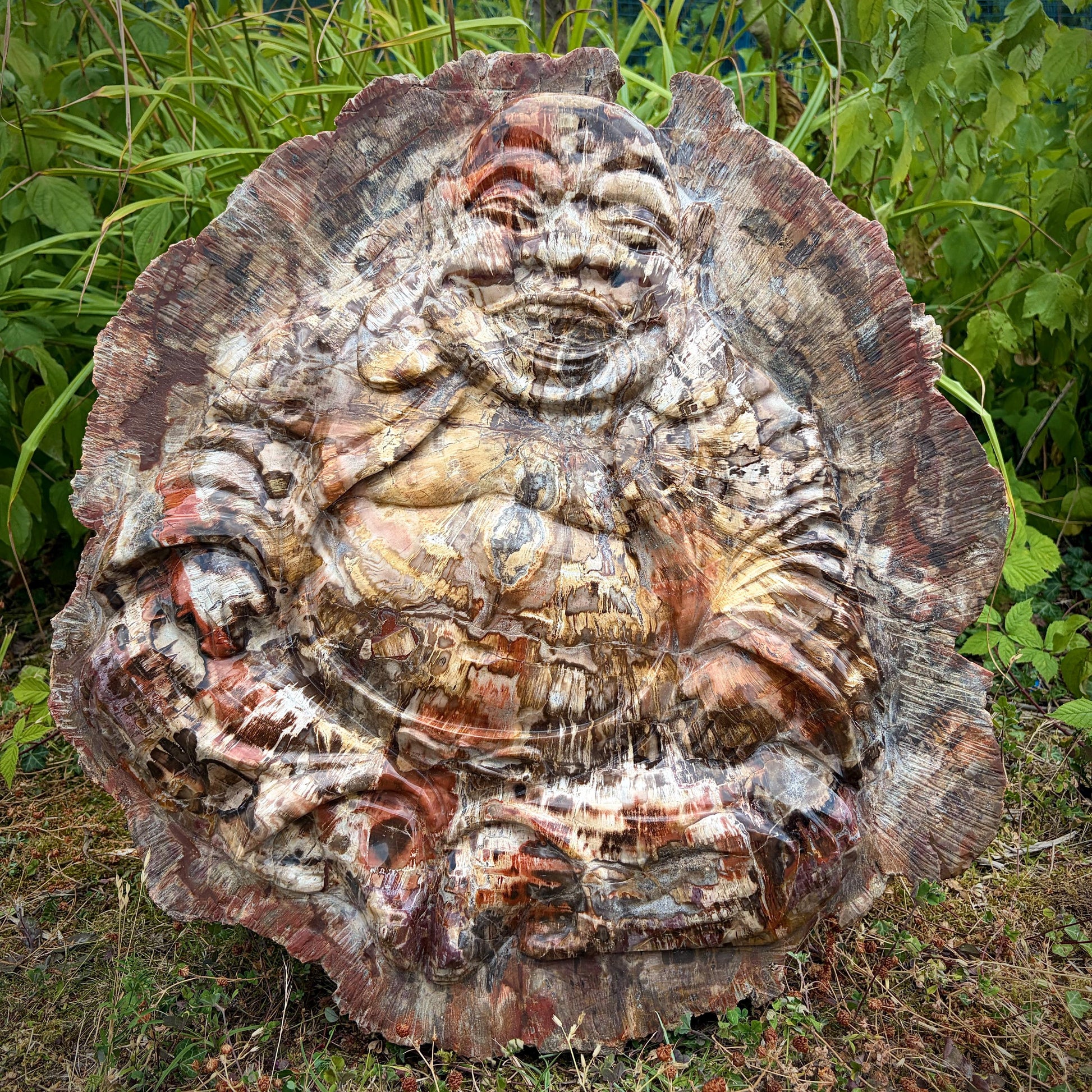 Close-up of hand-carved Laughing Buddha in natural fossil wood