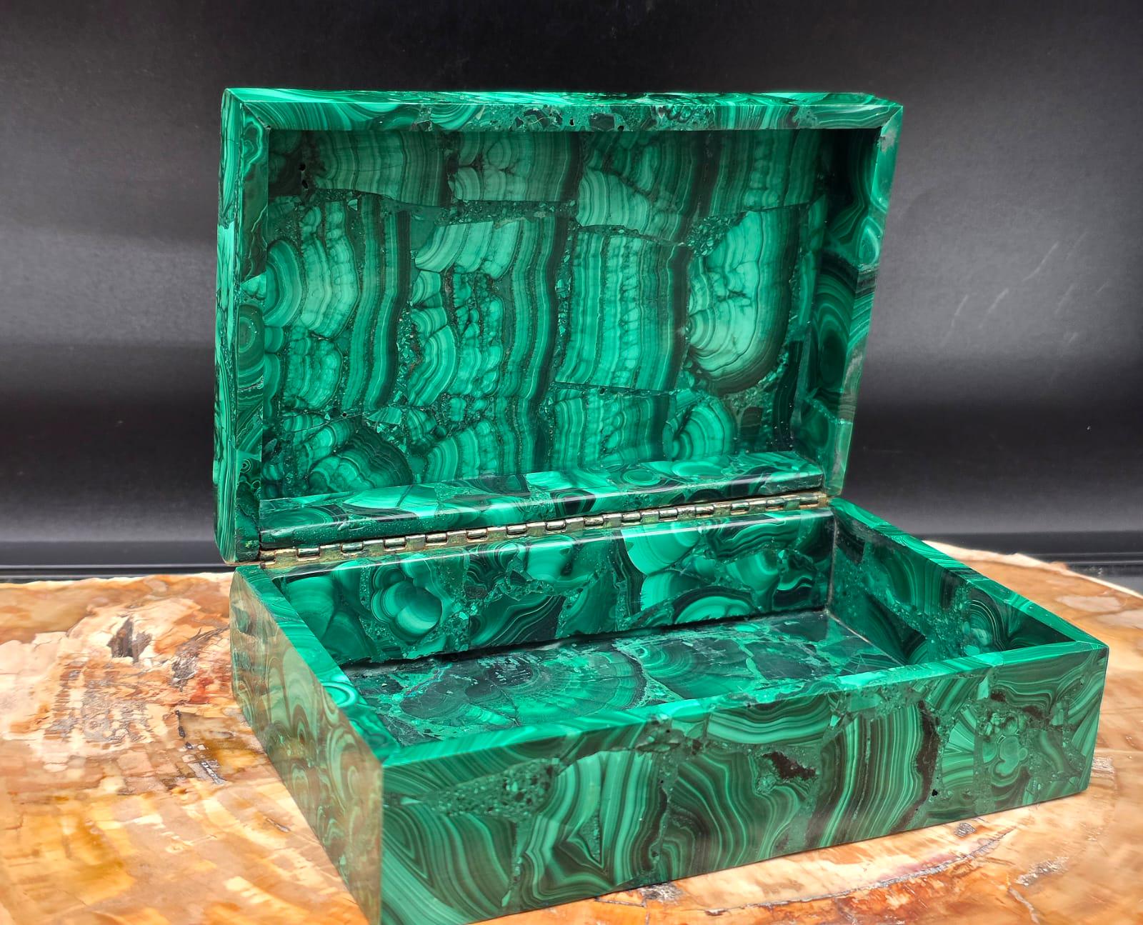 Large hinged Malachite keepsake box crafted from genuine natural stone.