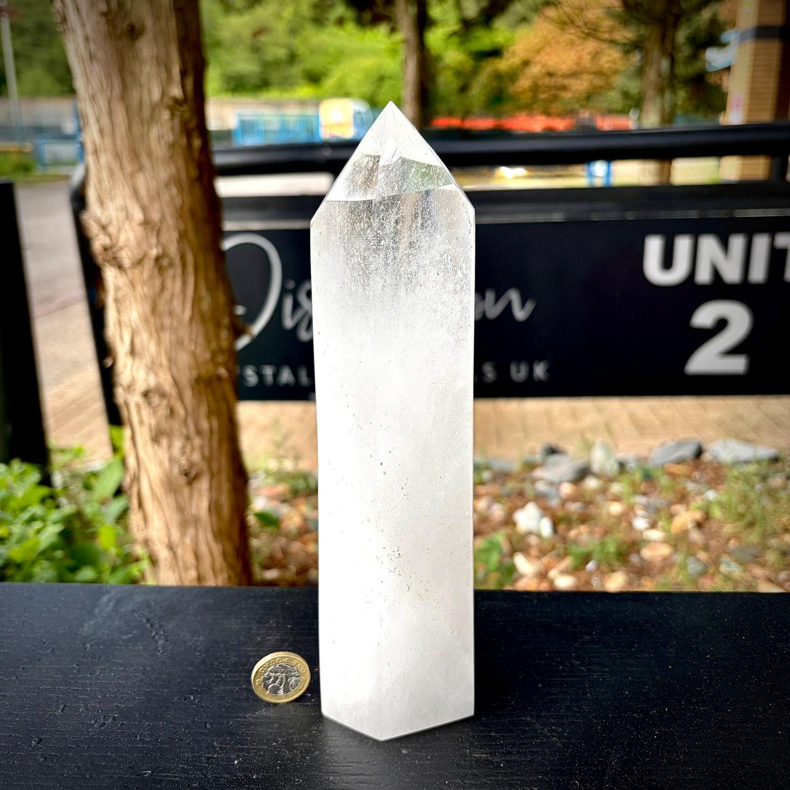 Polished quartz tower for interior decor, showing natural clarity, structure and sculptural display appeal.