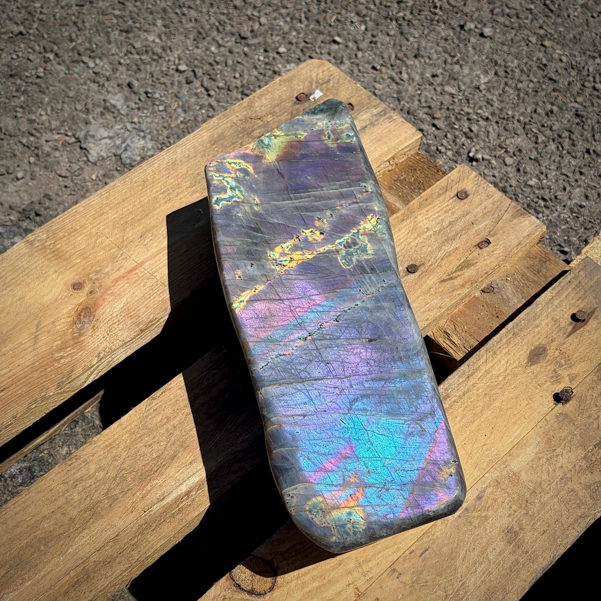 One-of-a-kind Madagascan Labradorite freeform with spectacular full-face rainbow flash.