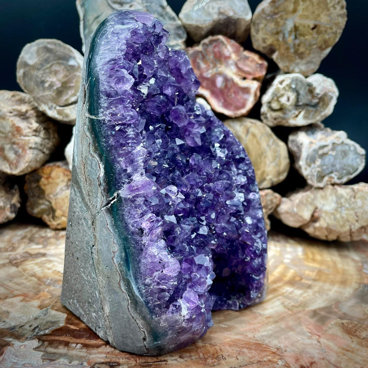 Premium Amethyst crystal geode with freestanding cut base