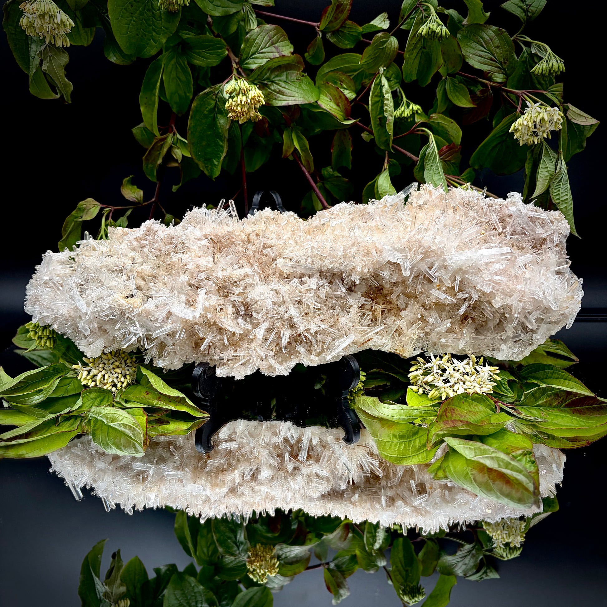 Front view of a premium clear needle quartz showpiece highlighting its sculptural shape and lustre.