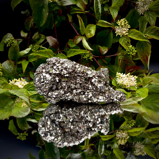 Front view of a large Pyrite cluster highlighting its bright metallic lustre and dimensions.
