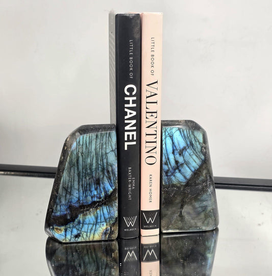 Premium labradorite crystal bookends with exceptional natural colour play.