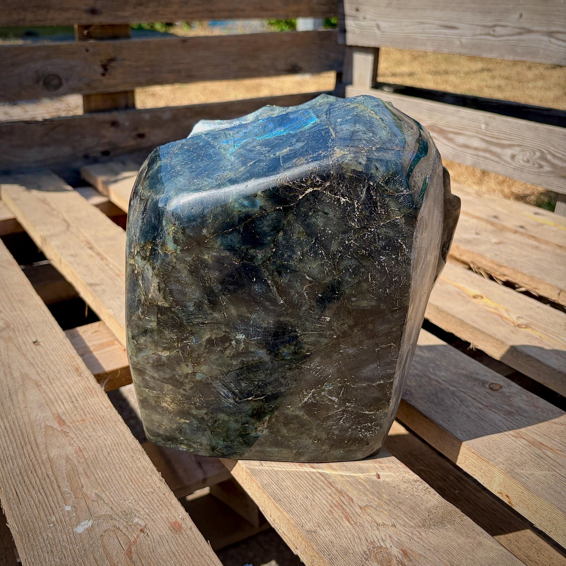 Premium one-of-a-kind Labradorite fish sculpture chosen by Distinction Crystals for its exceptional quality, natural beauty and craftsmanship