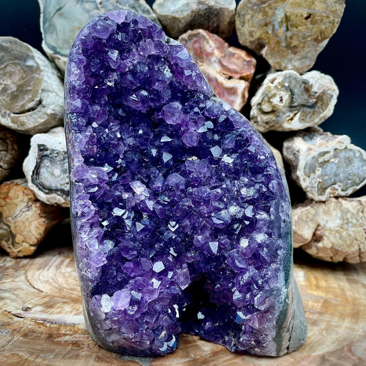 Premium Uruguayan Amethyst crystal geode cut base