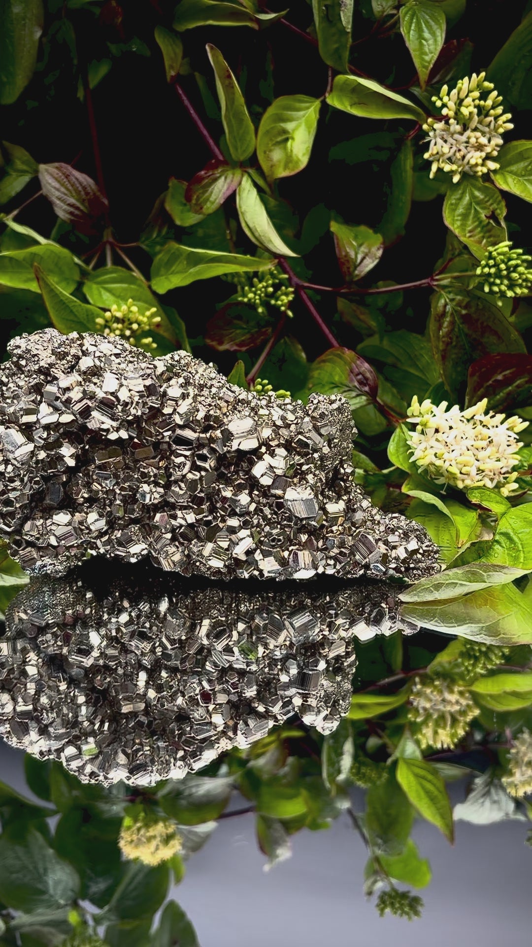 Video panning across a large Pyrite cluster to show its shimmering, light-reflecting crystals.