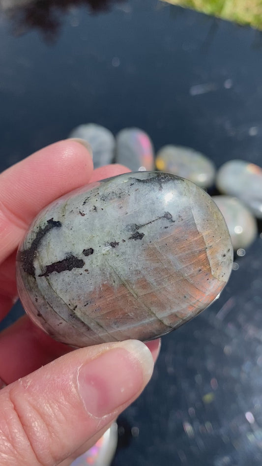 4) High Quality Purple Pink Orange Labradorite Palmstone Madagascar