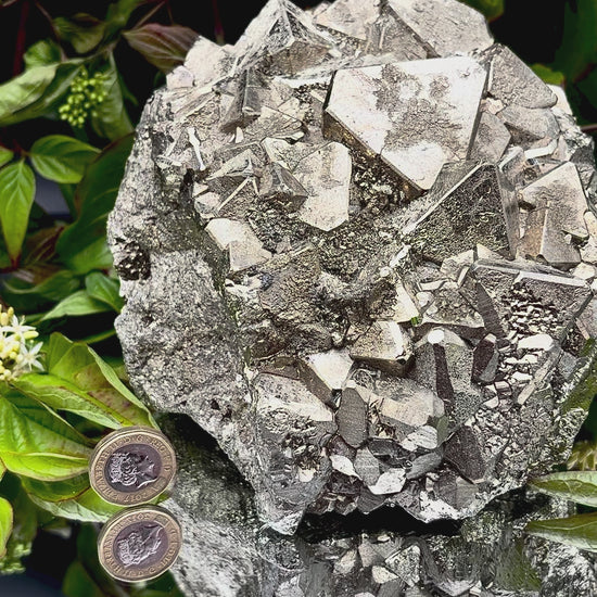Video panning across a large Pyrite cluster to show its shimmering, light-reflecting crystals.