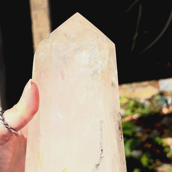 Quartz crystal tower for home display, ideal for sideboards, shelves, cabinets and desks.