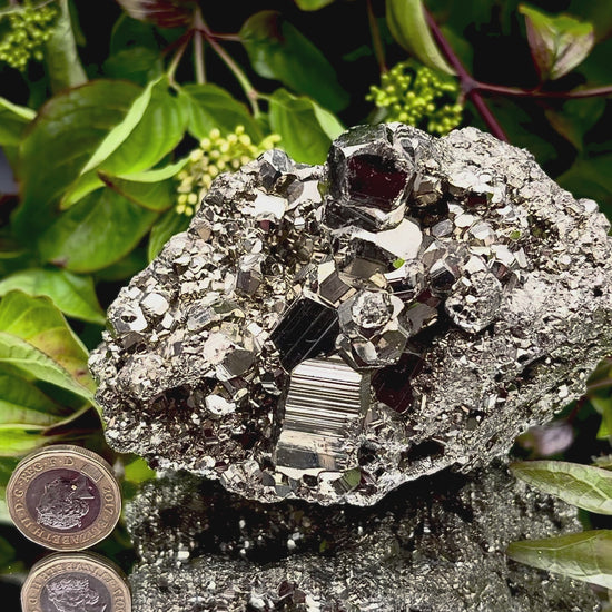 Video panning across a large Pyrite cluster to show its shimmering, light-reflecting crystals.