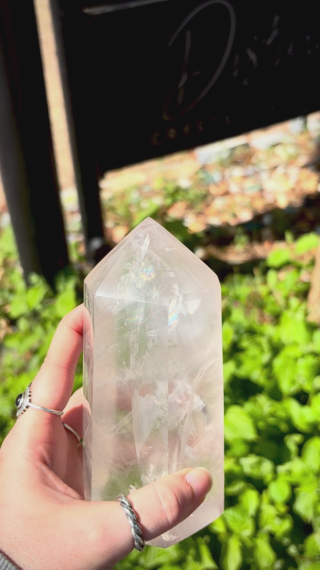 video of quartz crystal tower with rainbow