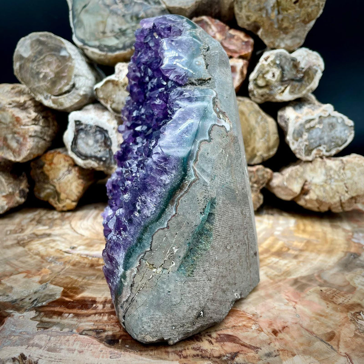 Purple Amethyst freestanding crystal geode from Uruguay