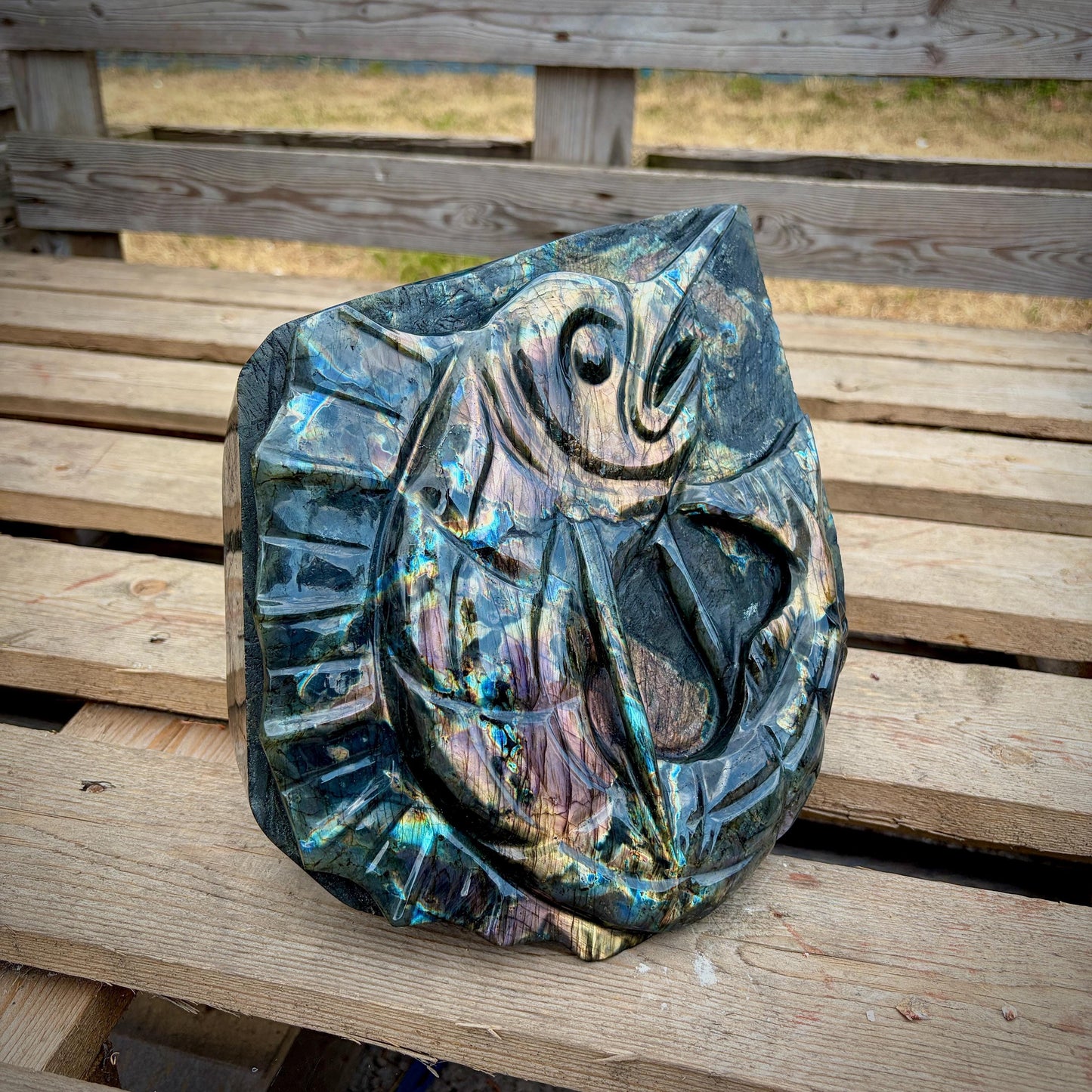 Nautical-inspired Labradorite fish carving for home décor