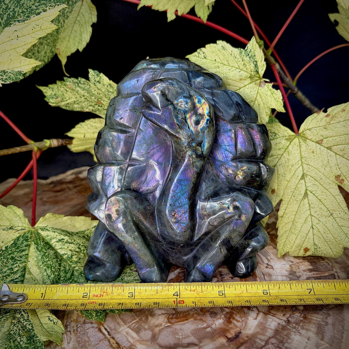 Purple flash Labradorite turtle carving showing natural labradorescence