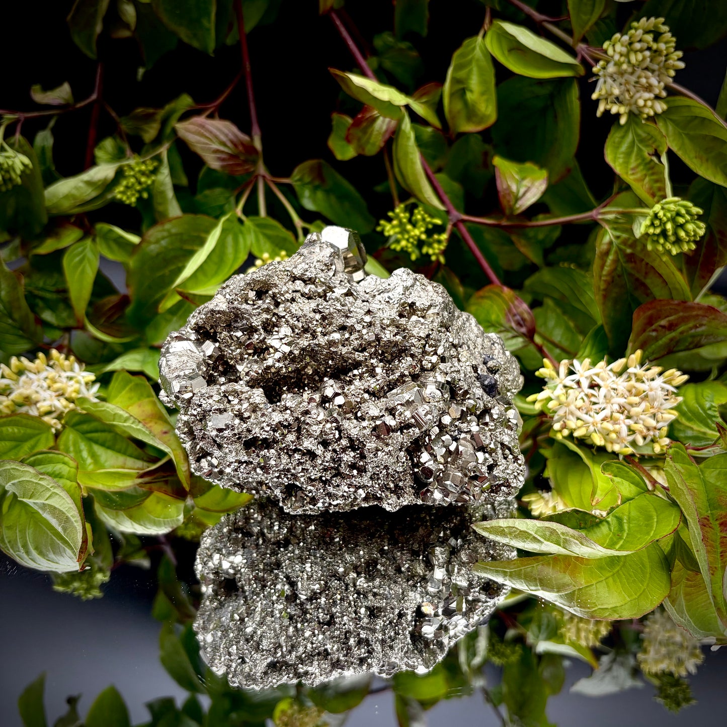 Back view of a large Pyrite cluster highlighting its bright metallic lustre.