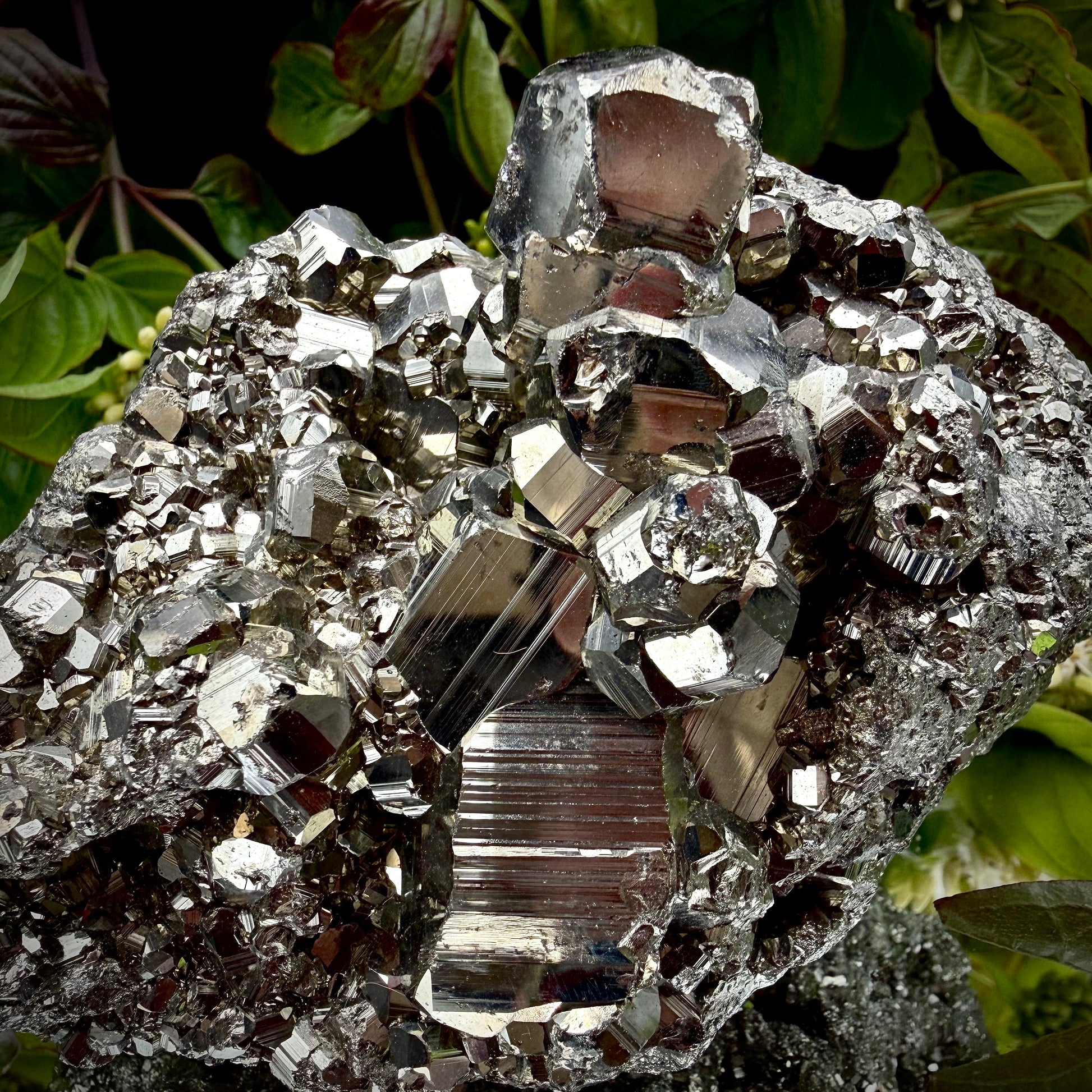 Close-up of multi-faceted geometric pyritohedral crystal formations on a raw Pyrite specimen.
