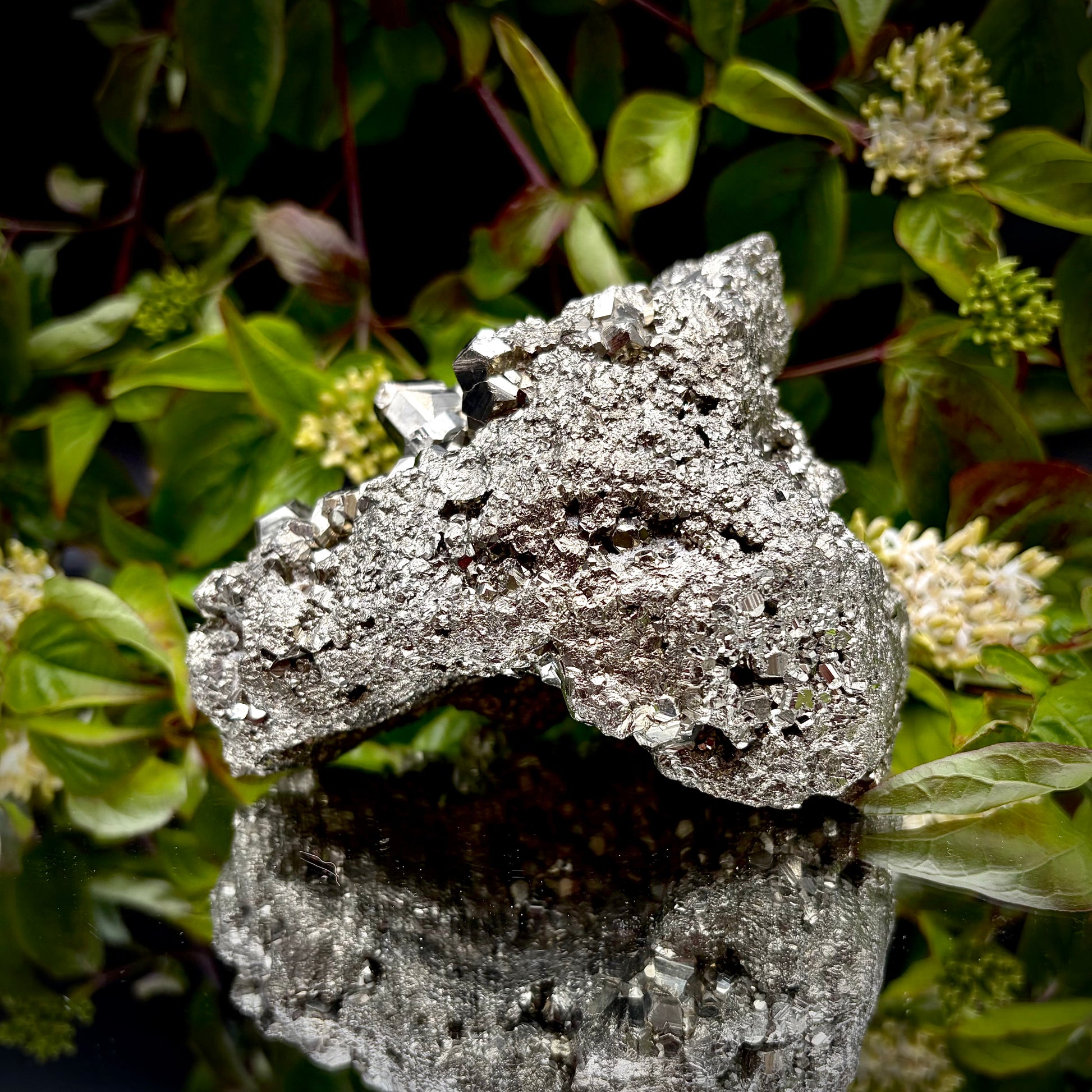 Side view of a large Pyrite cluster highlighting its bright metallic lustre.