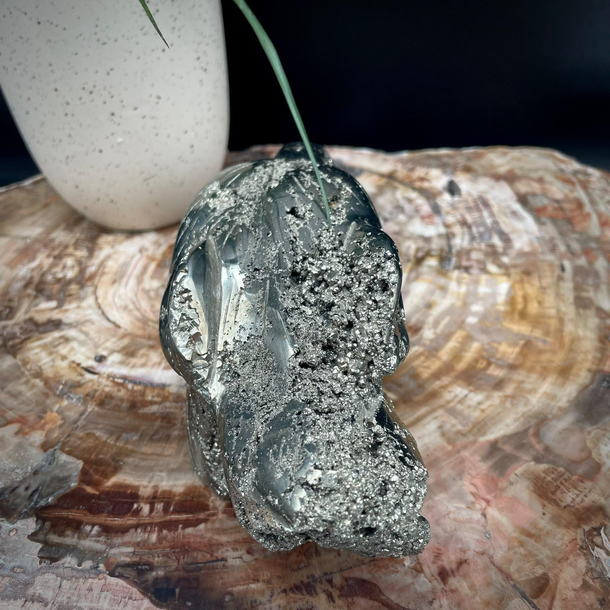 Natural Pyrite dog crystal carving with polished detail