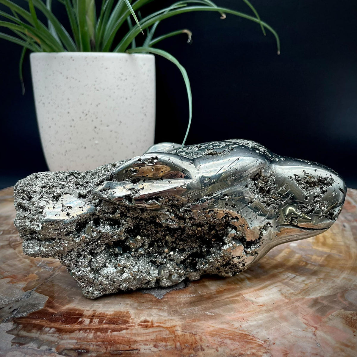 Natural Pyrite wolf carving for wolf lovers and collectors