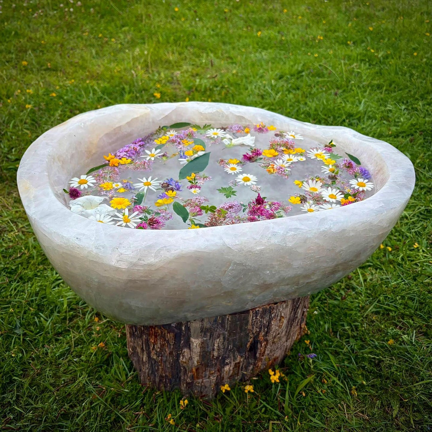 Large Madagascan Quartz bowl styled for a calm zen interior with soft natural mineral tones.