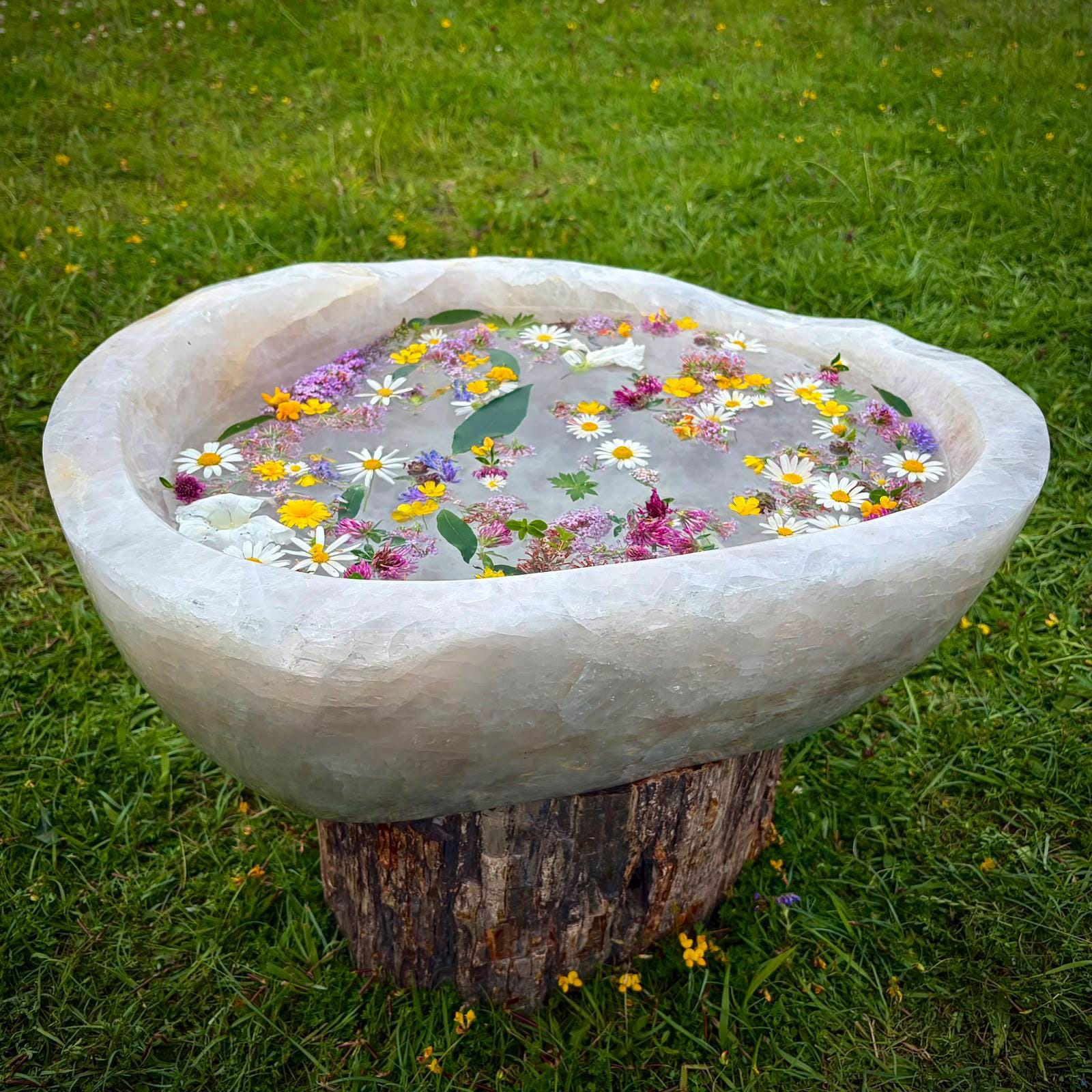 Large Madagascan Quartz bowl styled for a calm zen interior with soft natural mineral tones.