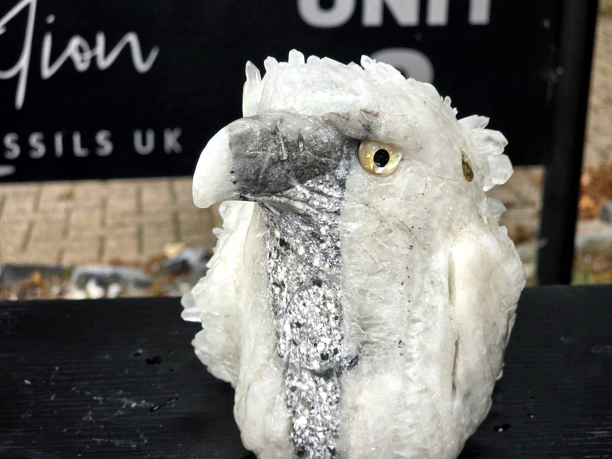 Detailed view of quartz eagle bird hand-carved by skilled artisans.