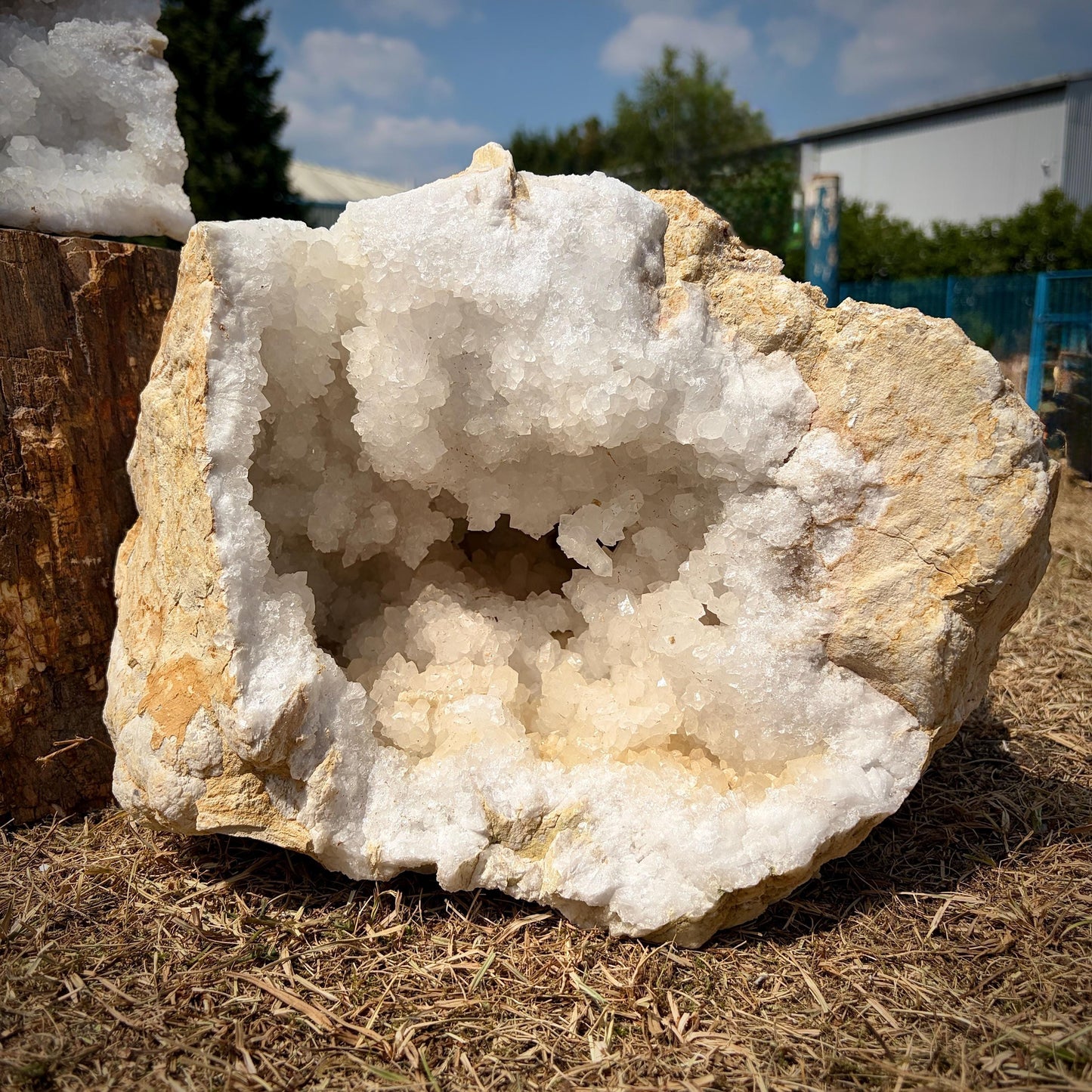 Natural quartz crystals growing inside a genuine Moroccan geode pair.