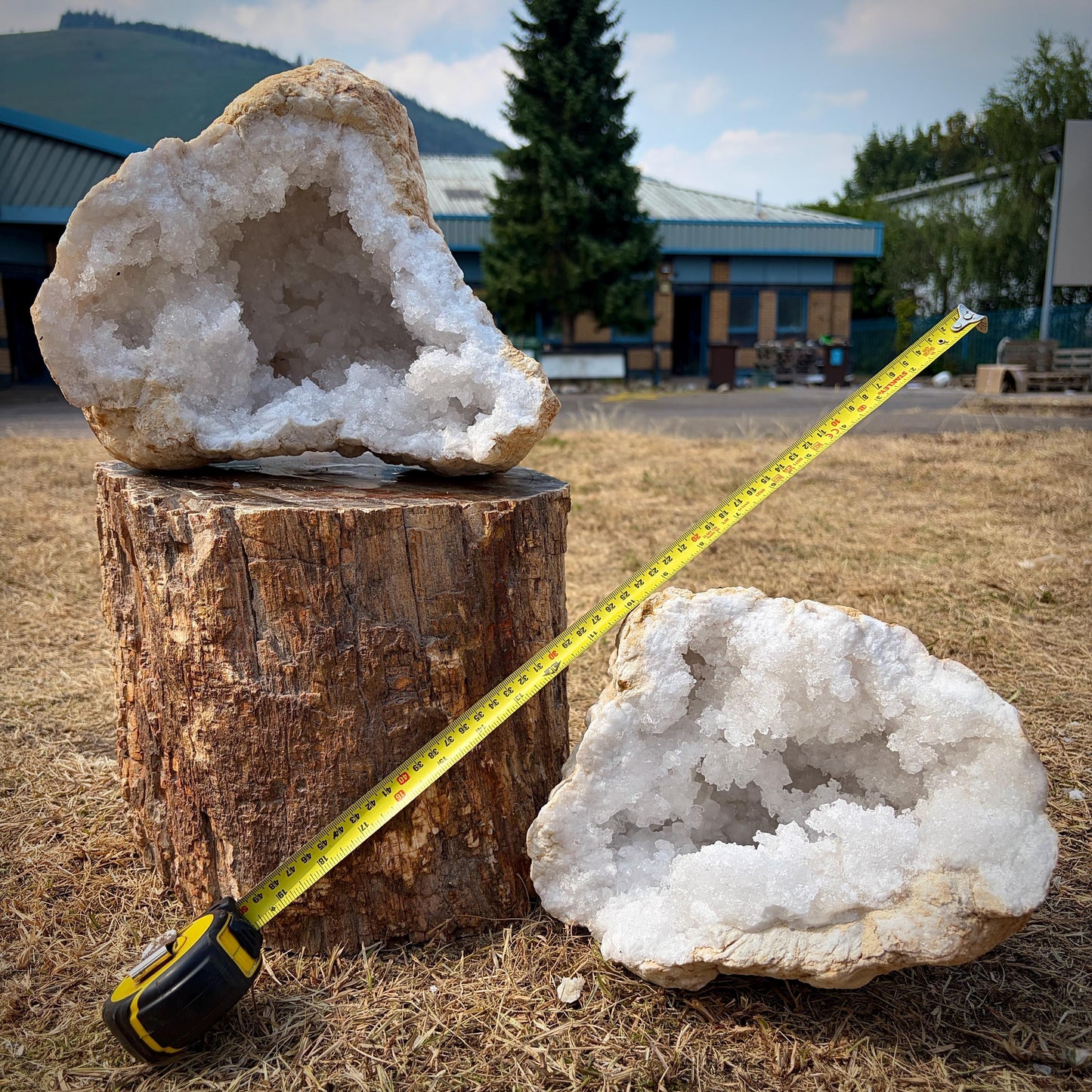 Natural outer edge and sparkling quartz crystal interior of a Moroccan geode.