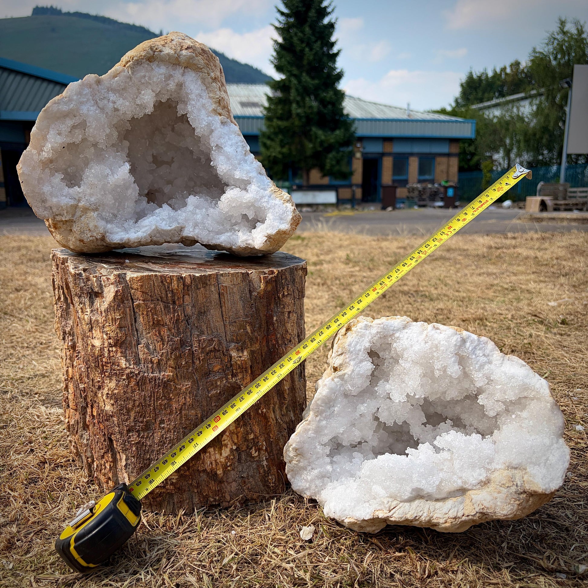 Natural outer edge and sparkling quartz crystal interior of a Moroccan geode.
