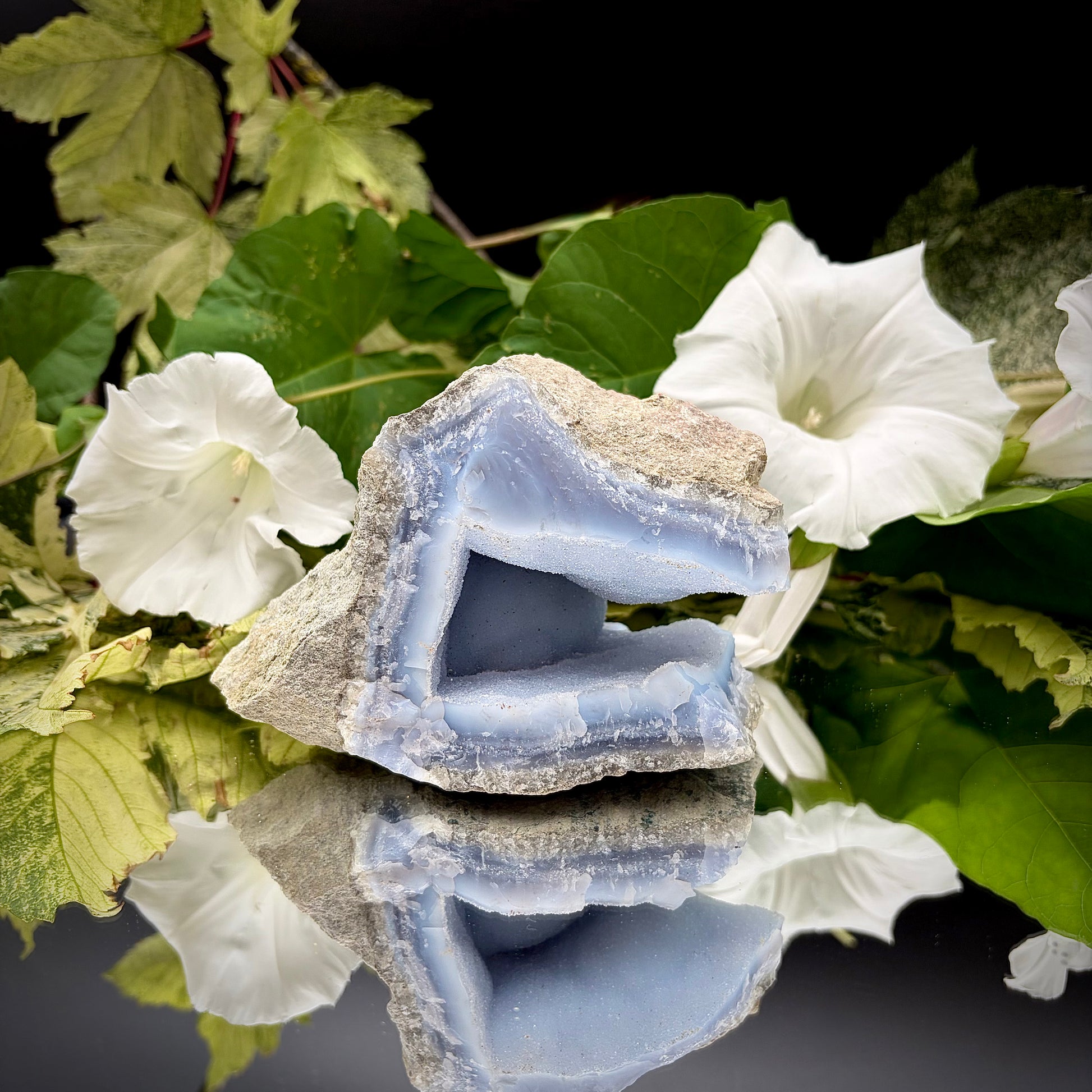 Natural Blue Lace Agate geode specimen with a prominent hollow cavity showing off light blue crystalline bands.