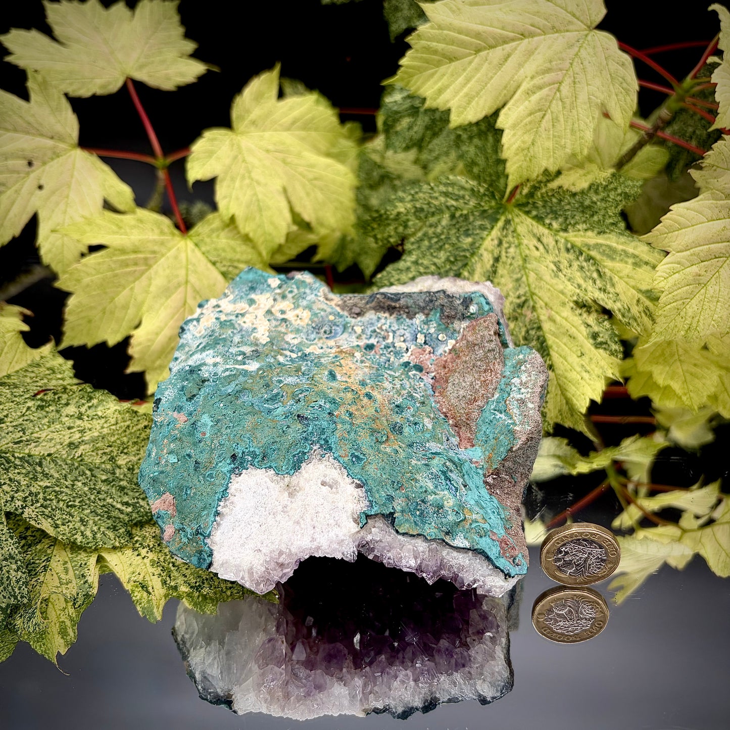 Reverse side of a natural amethyst crystal cluster showing the matrix and mineral formation.