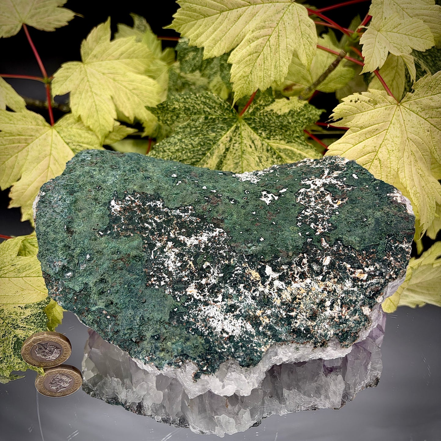 Reverse side of a natural amethyst crystal cluster showing the matrix and mineral formation.