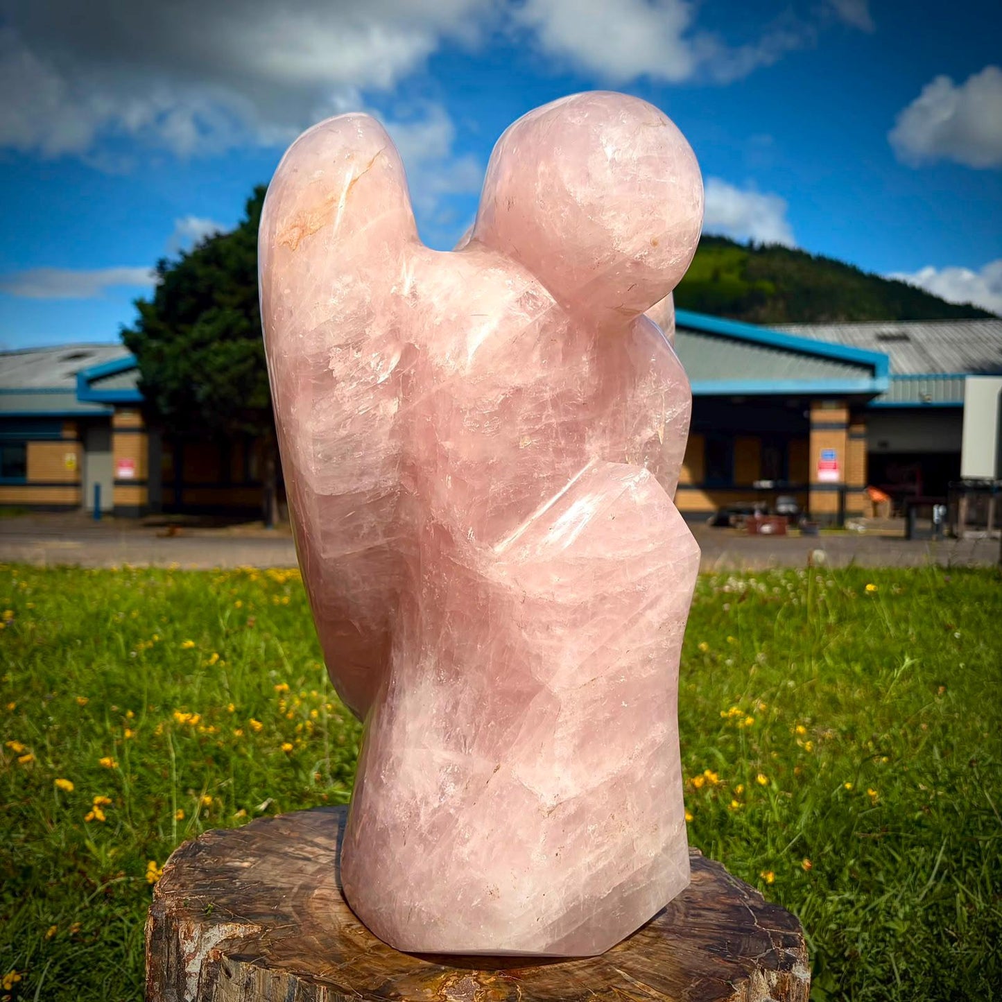 Madagascan Rose Quartz angel styled as an elegant crystal feature for a luxury home interior.