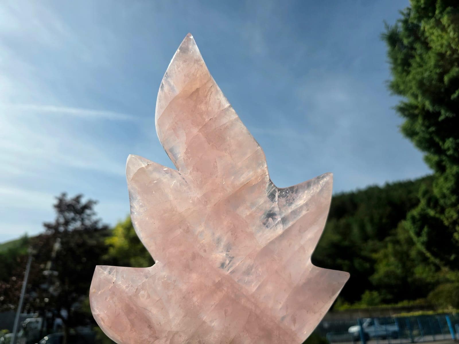 Close-up of the carved leaf veins on a polished Rose Quartz sculpture.