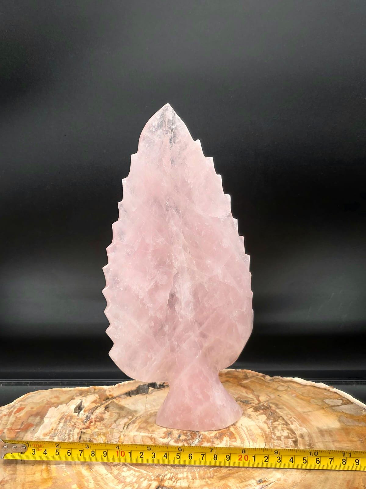 Rose Quartz crystal leaf with polished botanical finish.