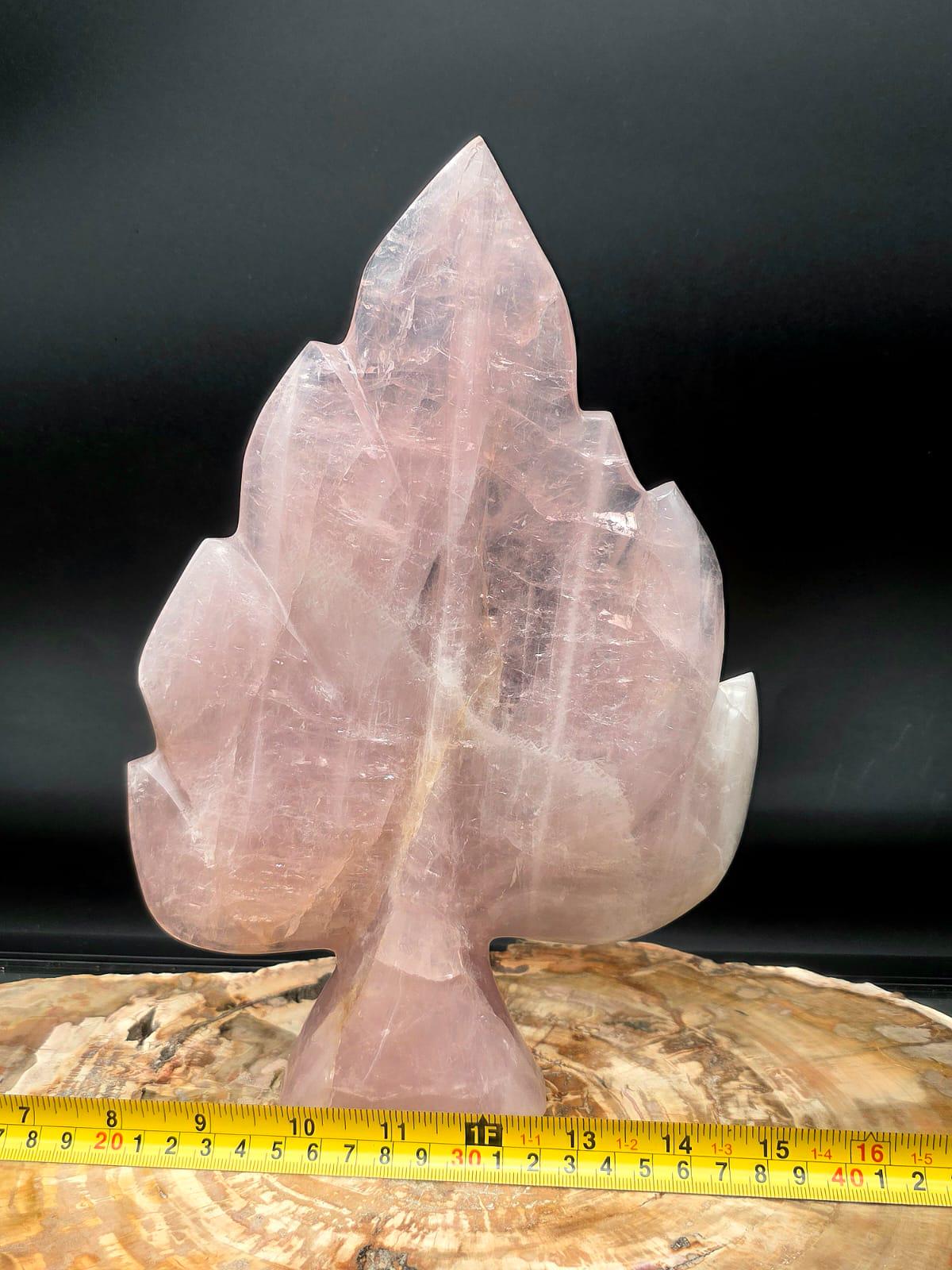 Rear view of the one-of-a-kind Rose Quartz leaf sculpture displaying natural colour variations.