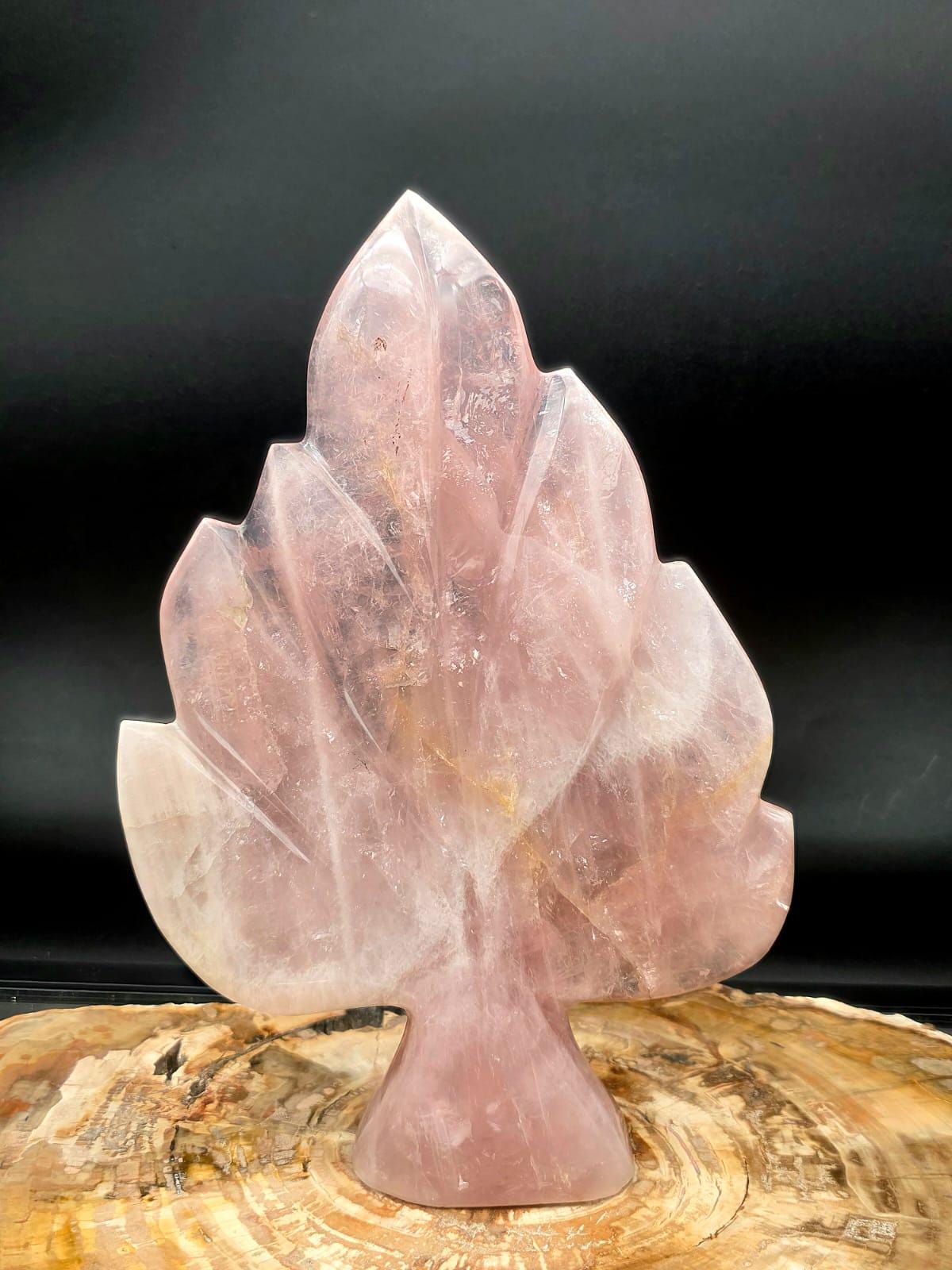 Hand-carved Rose Quartz crystal leaf sculpture with soft blush pink tones from Madagascar.