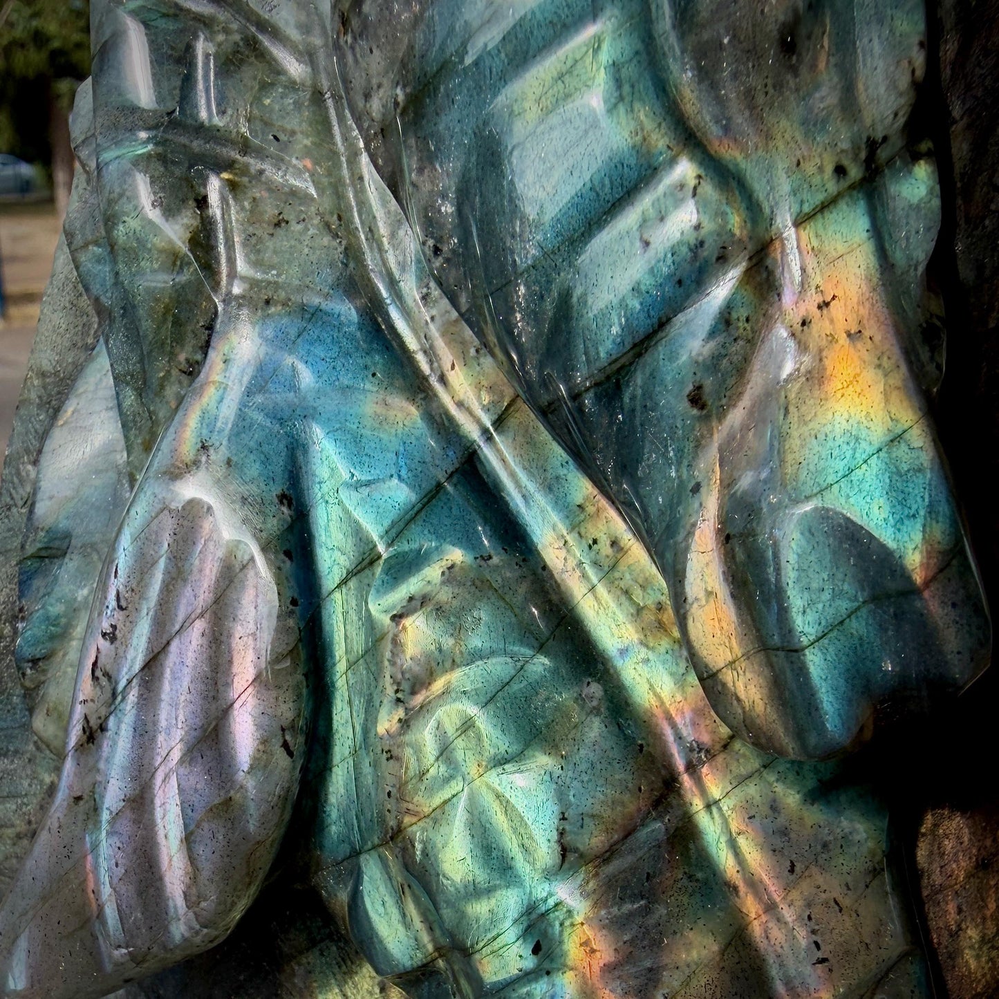 Detailed carving of the Labradorite seahorse sculpture