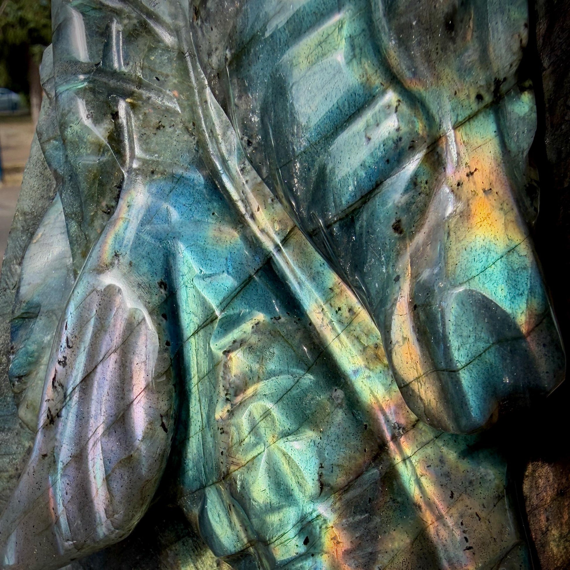 Detailed carving of the Labradorite seahorse sculpture