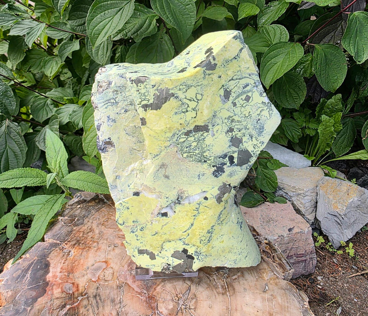 Serpentine with Pyrite statement crystal for interior display