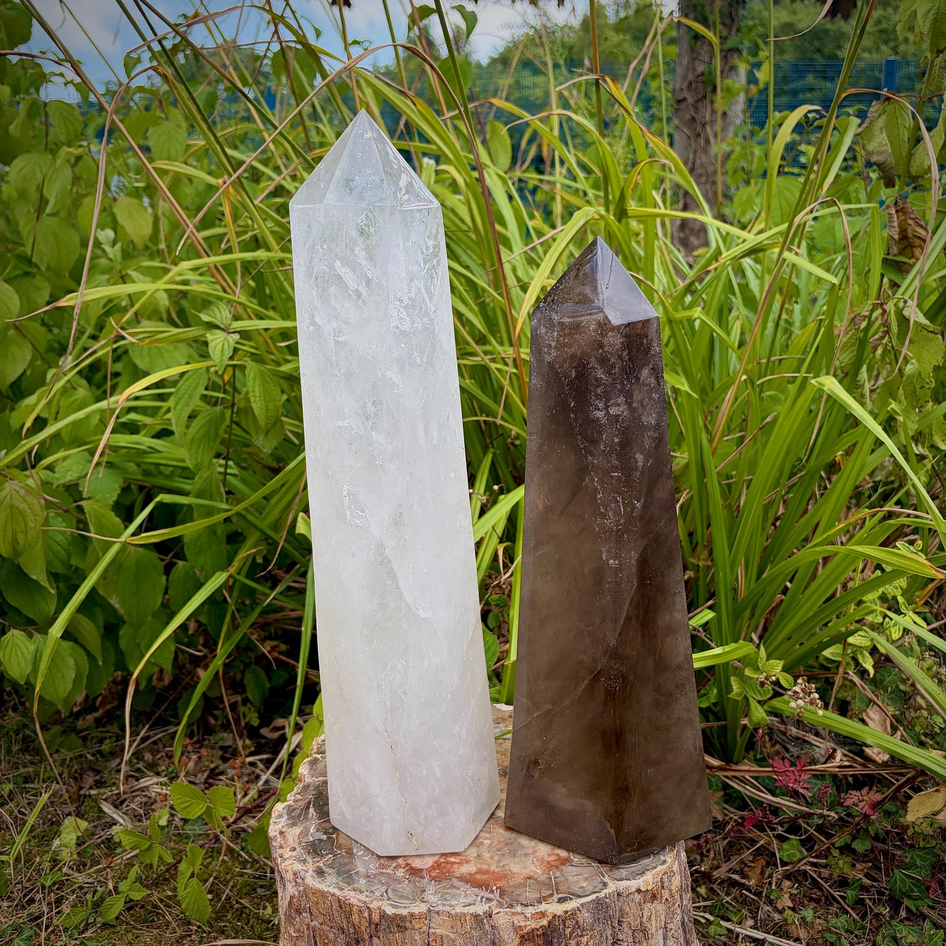 XXL Smoky Quartz and Clear Quartz obelisk pair
