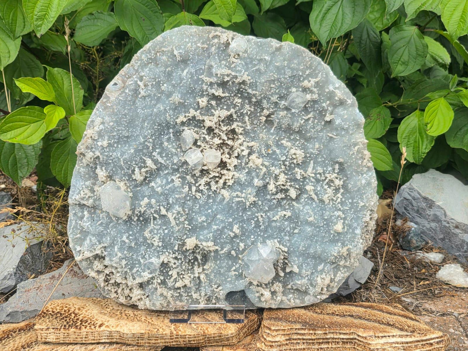 Statement blue crystal display piece with natural Chalcedony and Apophyllite formations