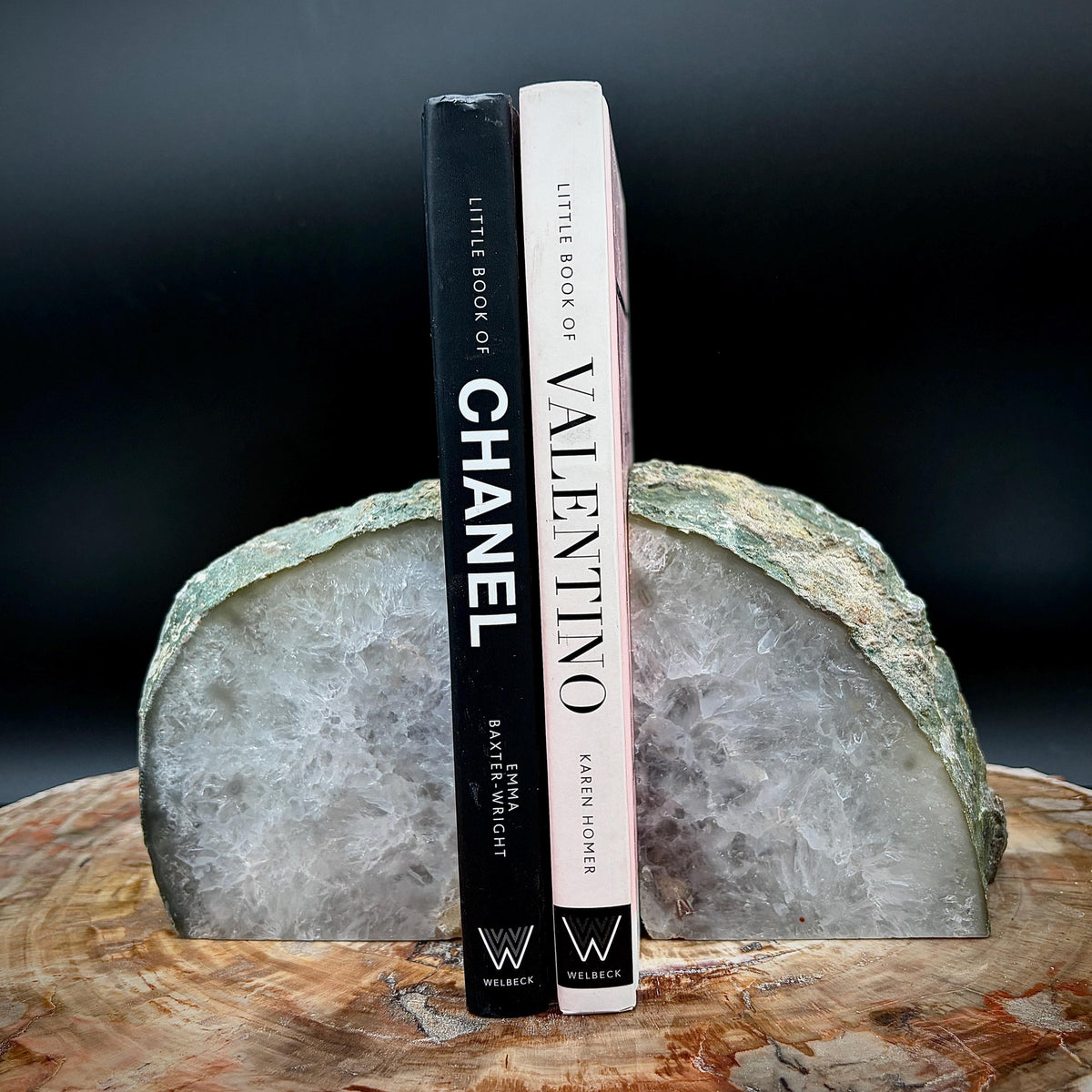 Natural stone Agate bookends adding mineral texture and character to a home office or study.