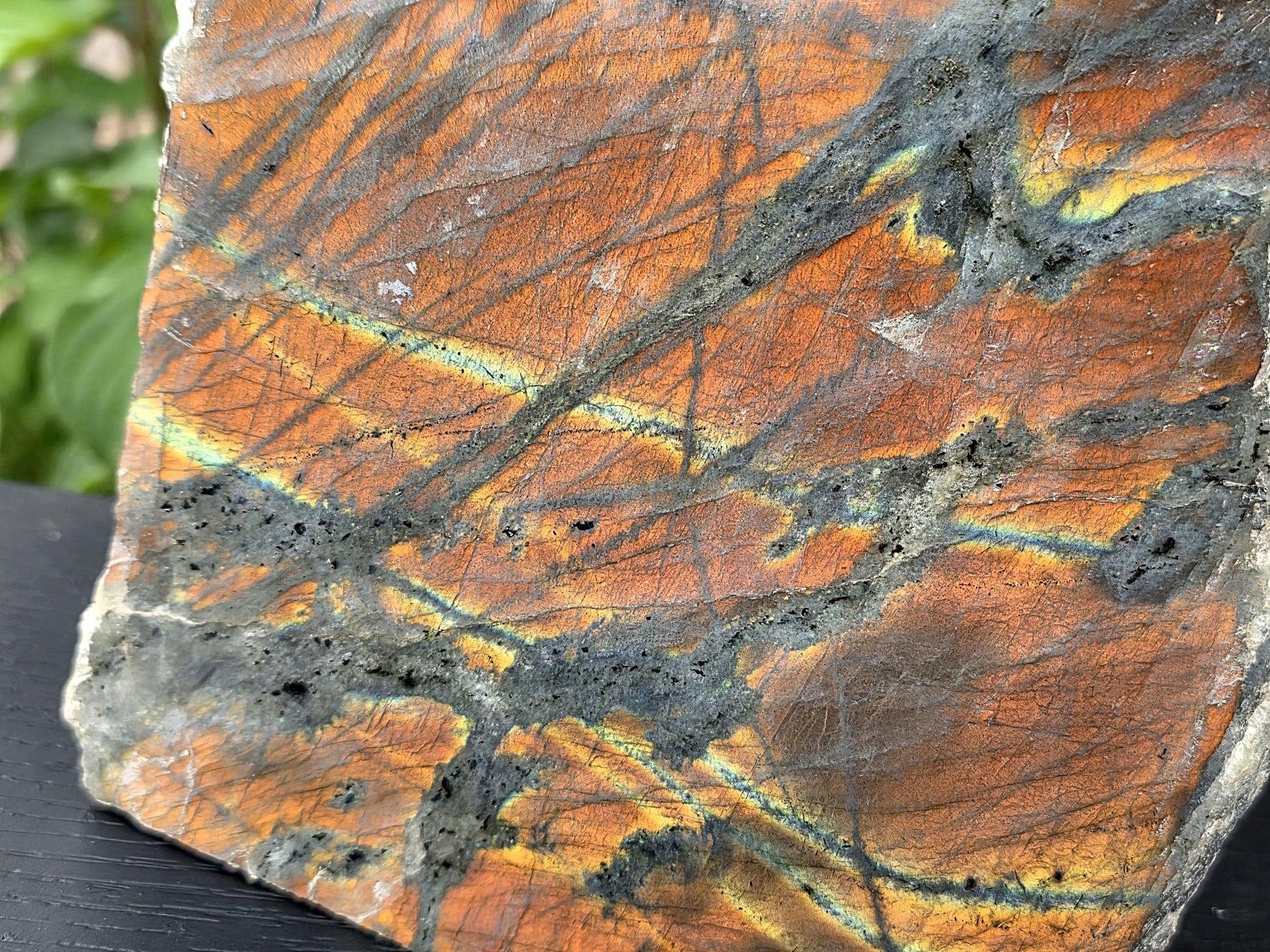 Sunset labradorite crystal, polished face with golden and fiery flashes.