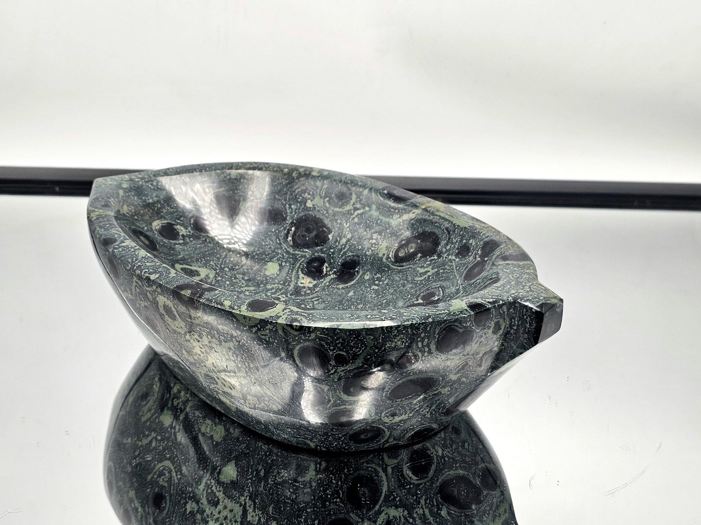 Unique Kambaba Jasper leaf-shaped bowl for crystal collectors.