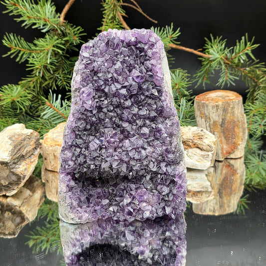 Extra large natural Amethyst crystal cut base, freestanding mineral specimen.