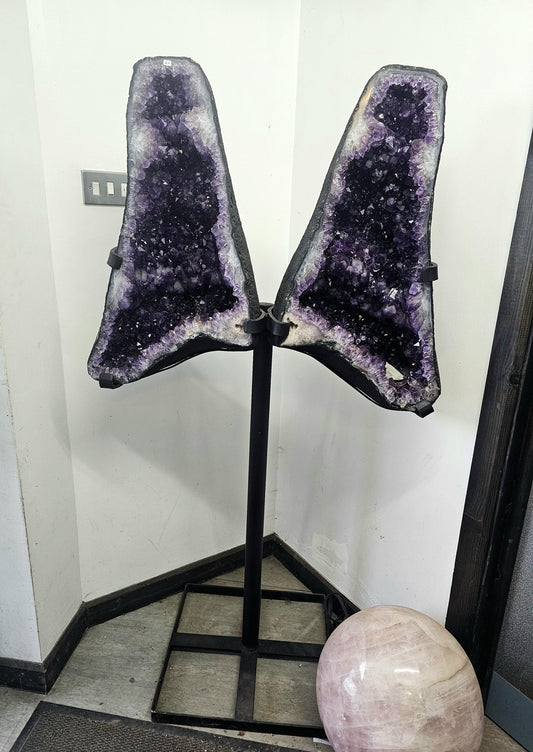 XL Amethyst Wings weighing 107kg with deep violet crystal clusters.