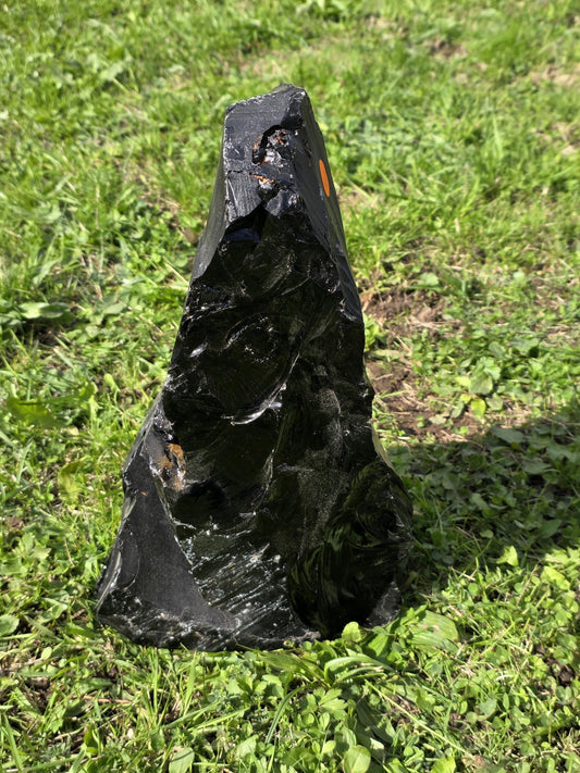 XL Black Obsidian raw crystal freestanding volcanic stone.