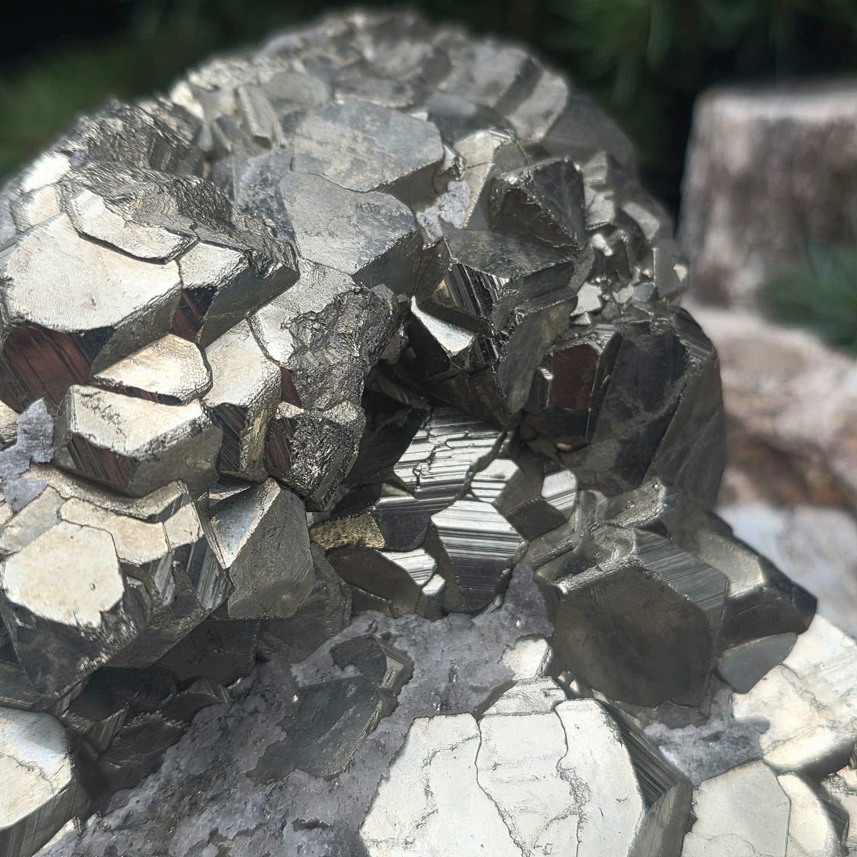 Substantial 5.2kg Pyrite mineral cluster with modified cubic and pyritohedral crystals for display.